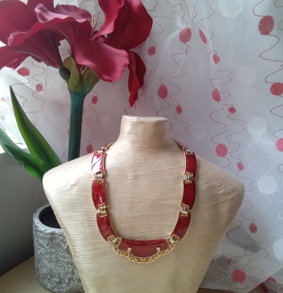Vintage Red Enamel Link Gold Tone Choker- Necklace